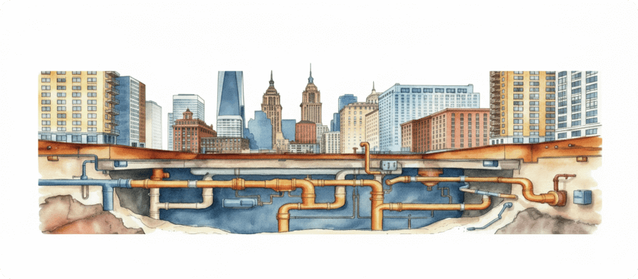 Cityscape with underground infrastructure, pipes, and urban skyline. Urban planning, architecture, and construction concept.